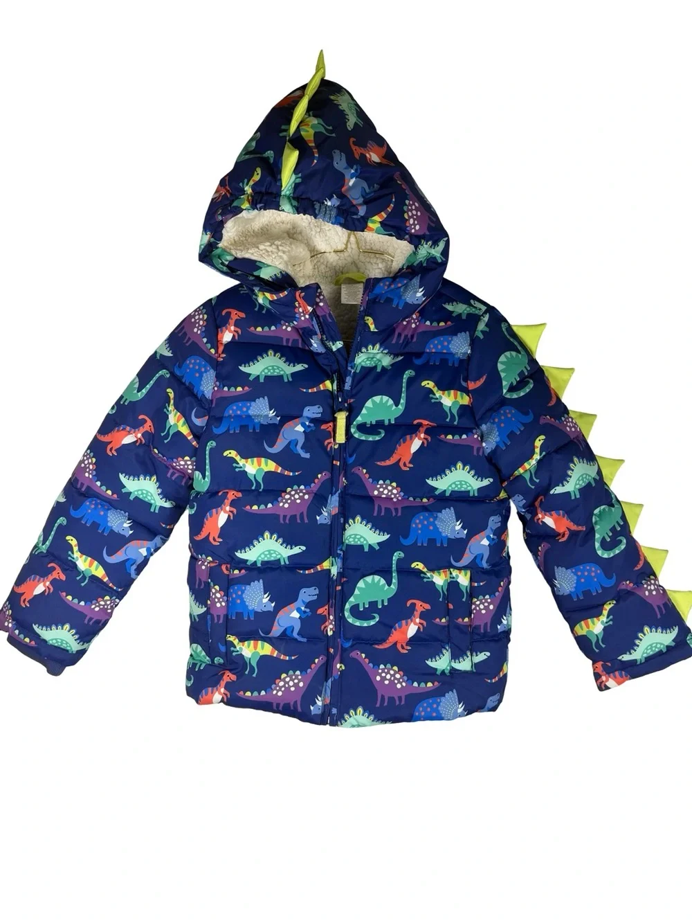 Gymboree Boys Dinosaur Navy Blue Sherpa Lined Hooded Winter Coat Jacket Size 7